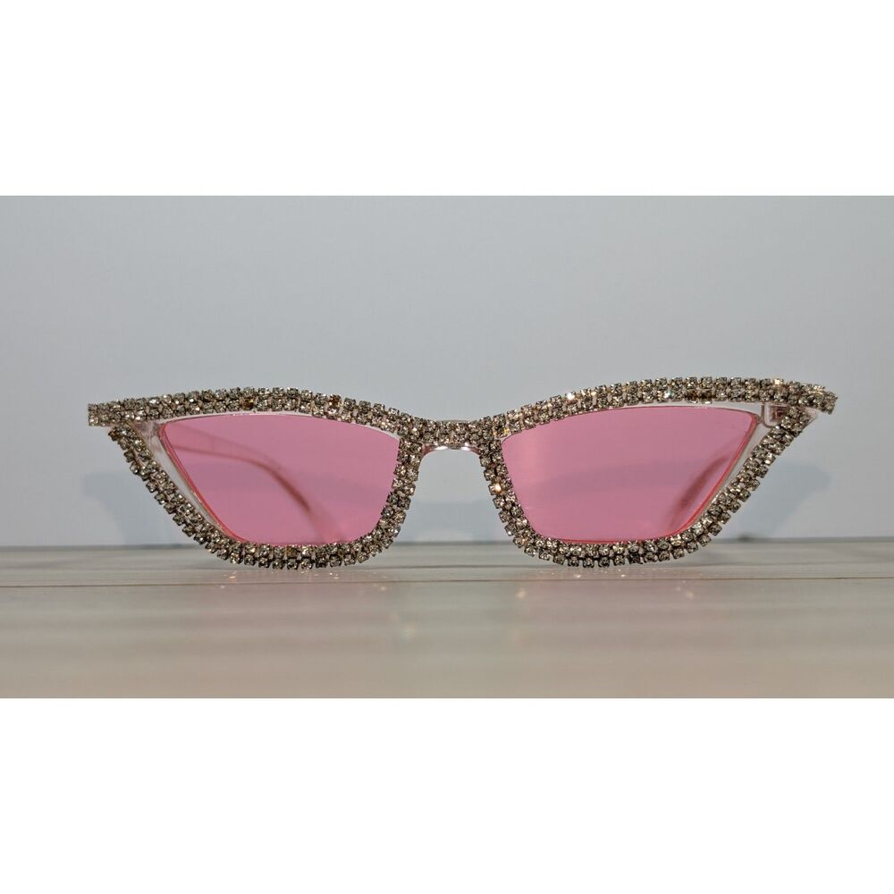 Rhinestone Cat Eye Sunglasses Pink Lens Clear Frame Bling Fashion Shades